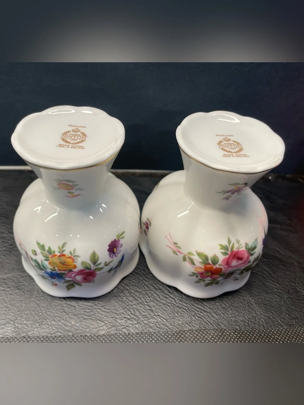 2 vtg Minton Bone China Marlow pattern floral Votive Candle Holders England